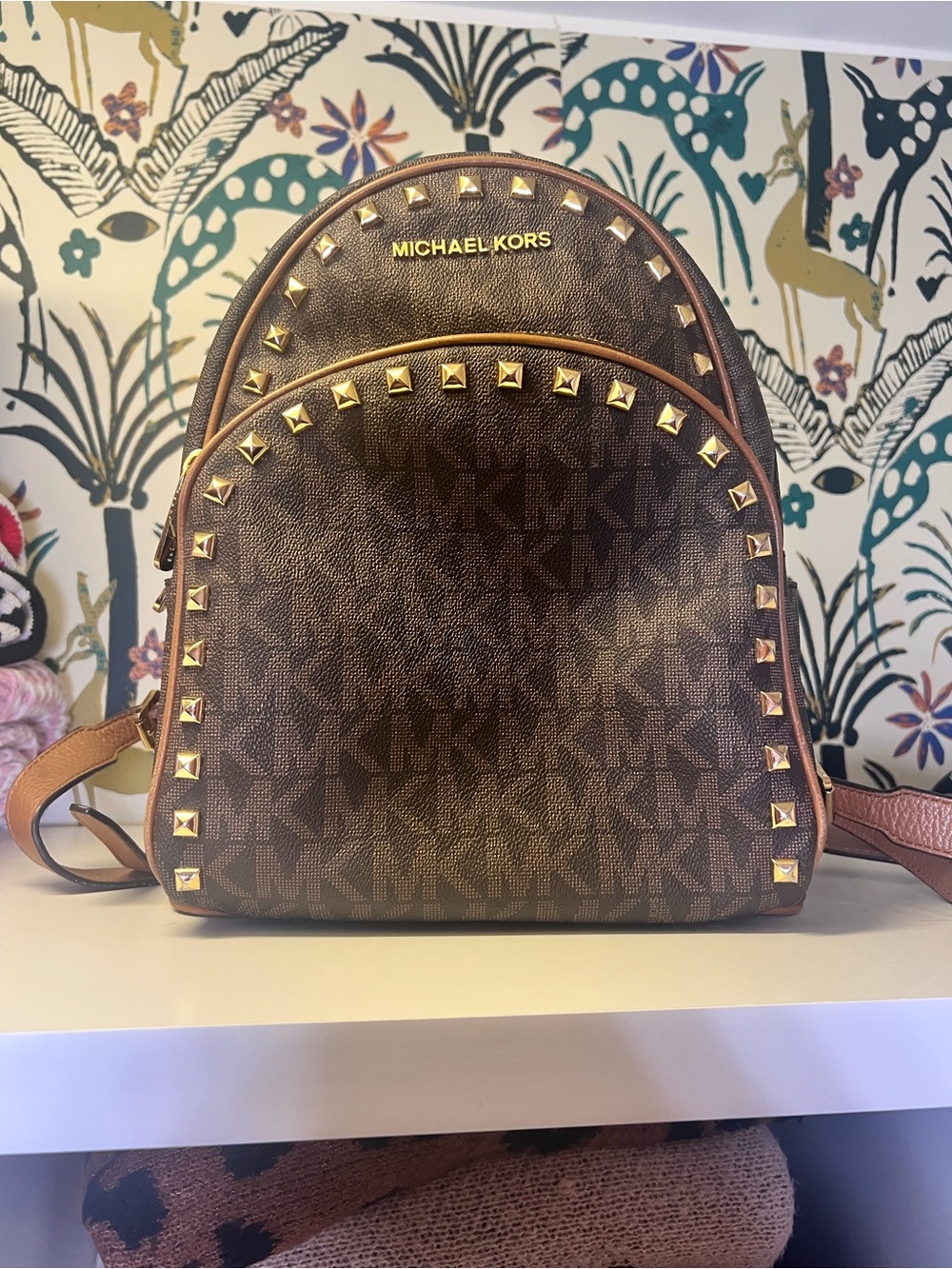 Michael Kors Brown Logo Backpack with Gold Studs